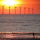 A man stands on the beach as the sun sets behind the Burbo Bank wind farm near New Brighton.